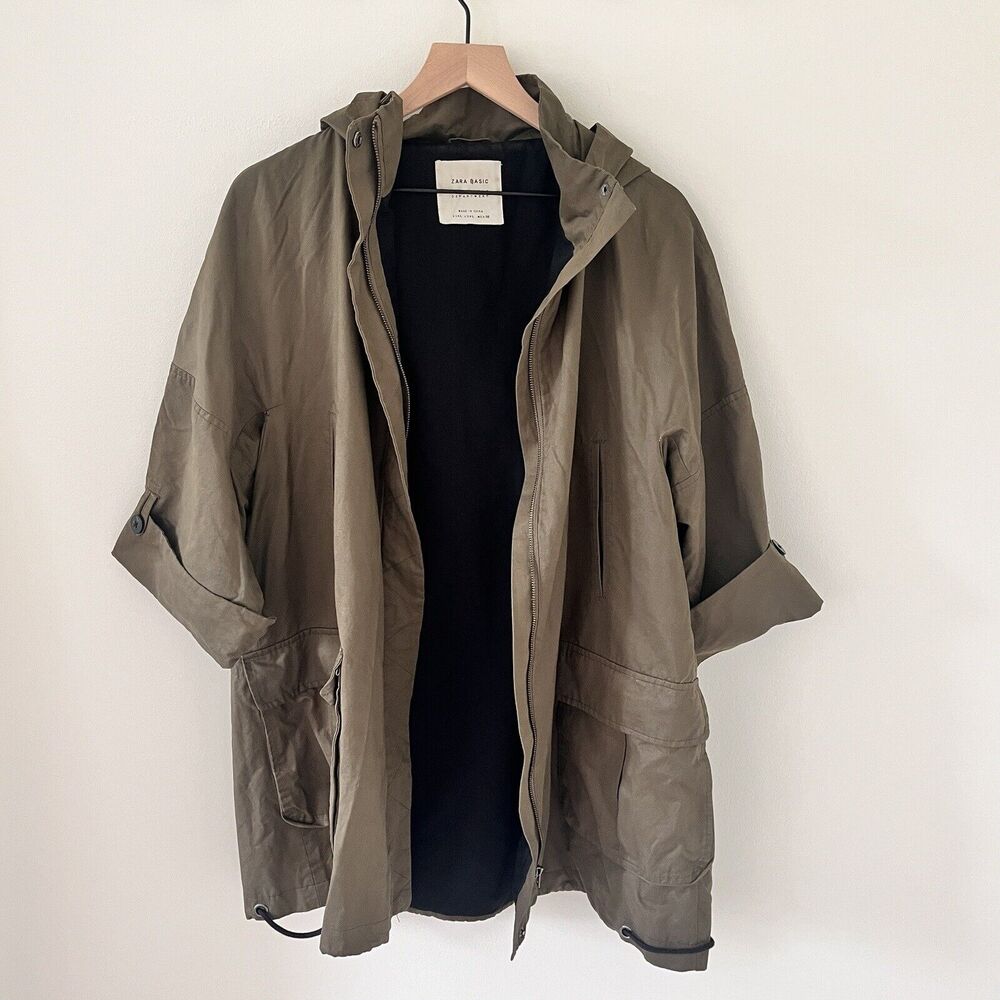 Zara Basics Women’s Hooded Khaki Green Utility 3/4 Sleeve Coat / Jacket …